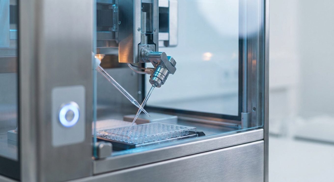 Precision automated laboratory instrument with pipetting head over a microplate