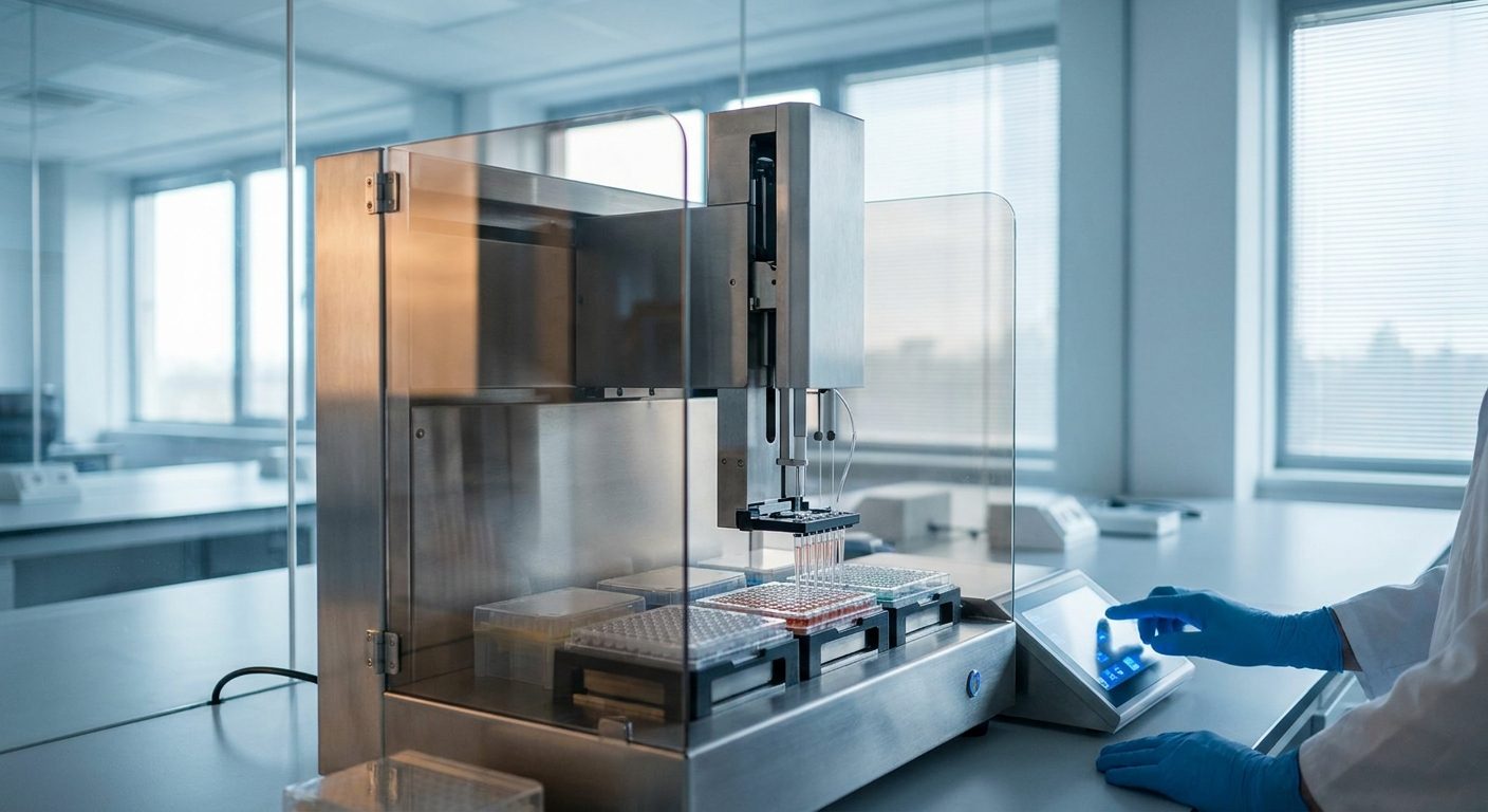 Automated liquid-handling instrument dispensing into microplates in a bright laboratory